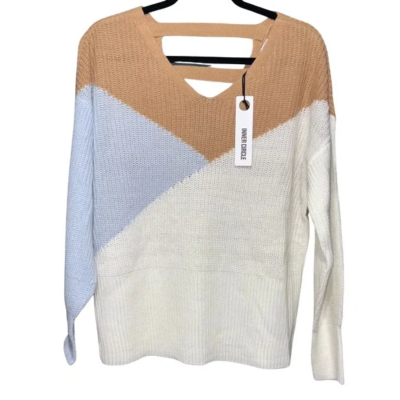 Tan and Blue V-Neck Colorblock Sweater - Picture 1 of 6